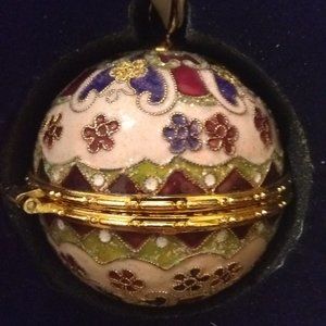 Cloisonne Enamel Christmas Globe Ornament in Red Velvet Box Vintage May Co Brand
